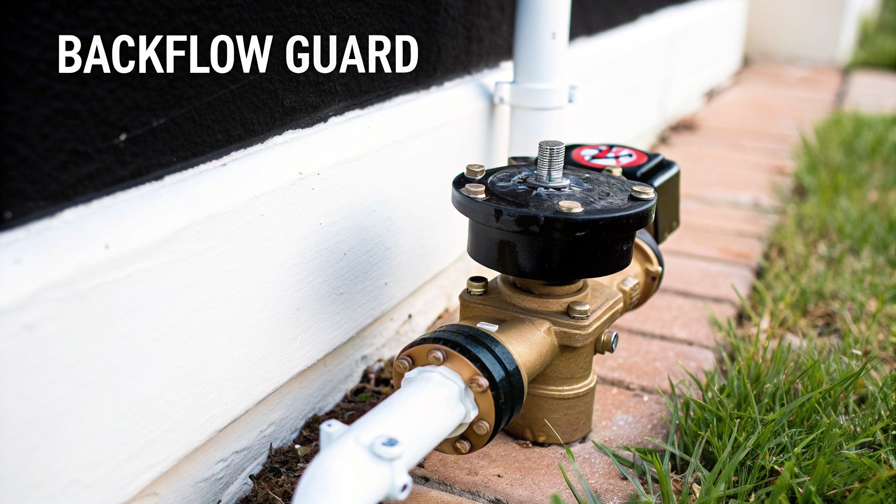 A backflow prevention device, or guard, installed on a white pipe next to a house foundation.