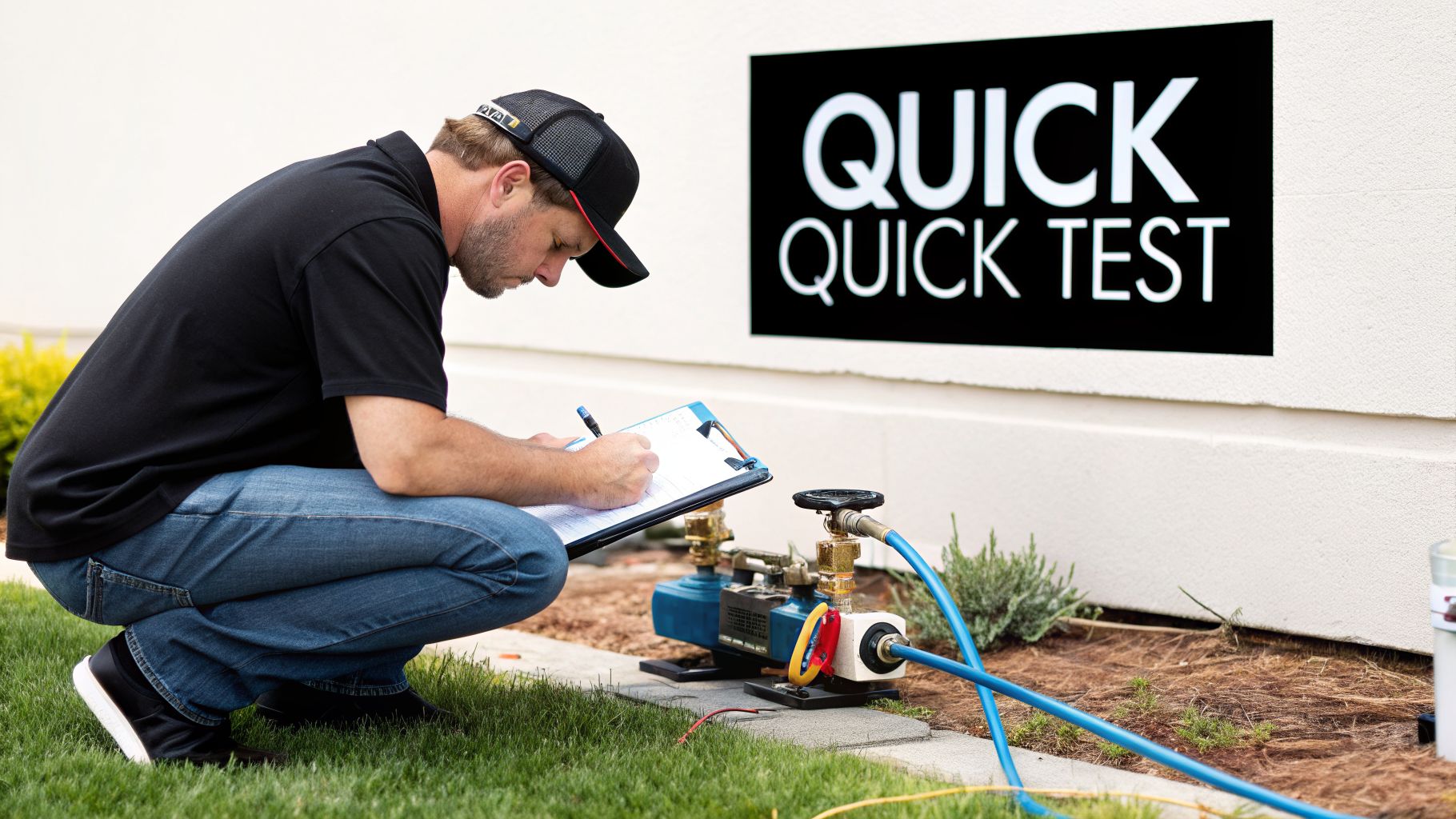A technician performs a backflow prevention device test, carefully writing notes on a clipboard.