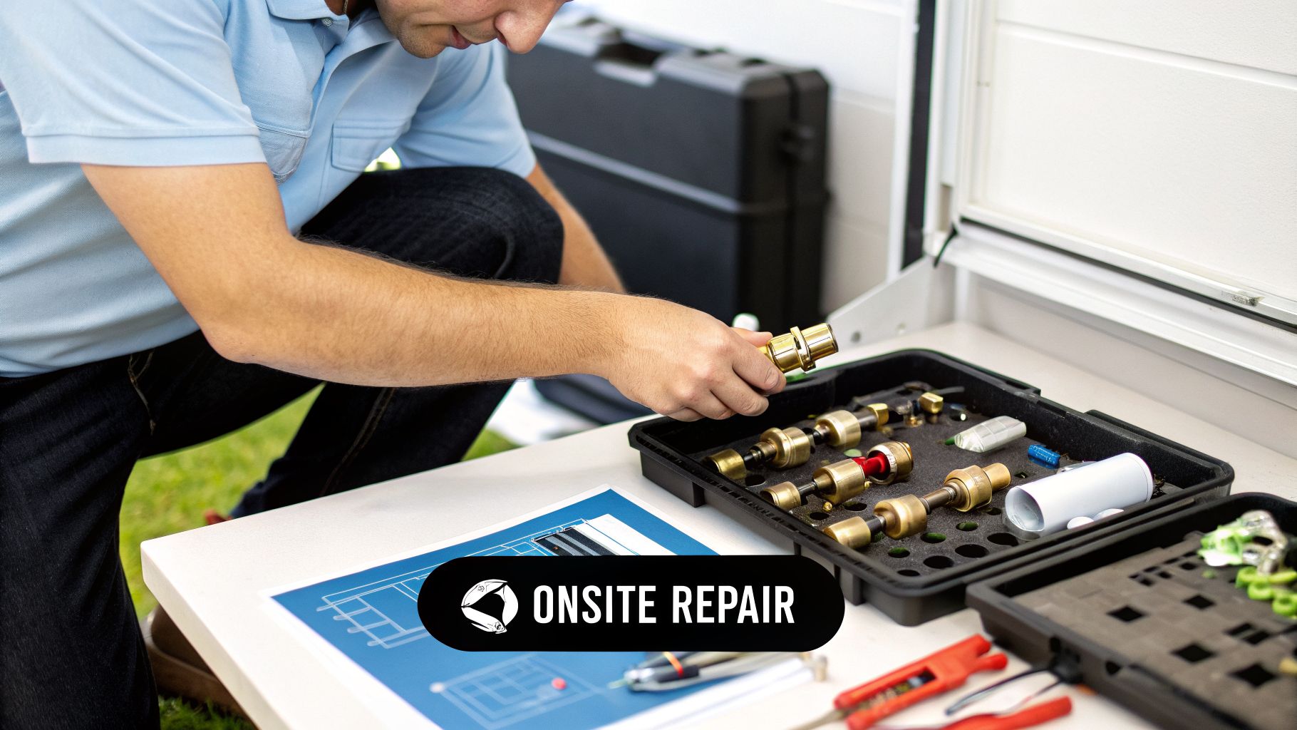 A technician inspects brass backflow prevention device components on a table with tools and blueprints, indicating onsite repair.