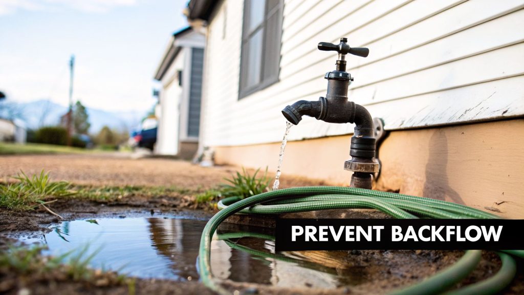 Water drips from a backyard spigot, forming a puddle next to a coiled green hose, emphasizing backflow prevention.