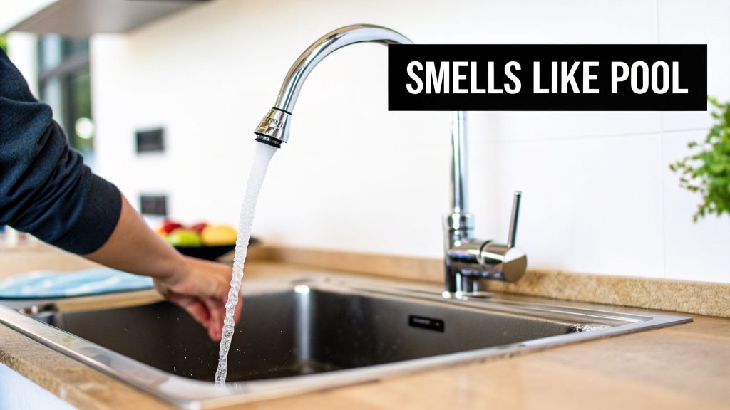 A hand under running tap water in a modern kitchen sink, with text "SMELLS LIKE POOL" overlaid.