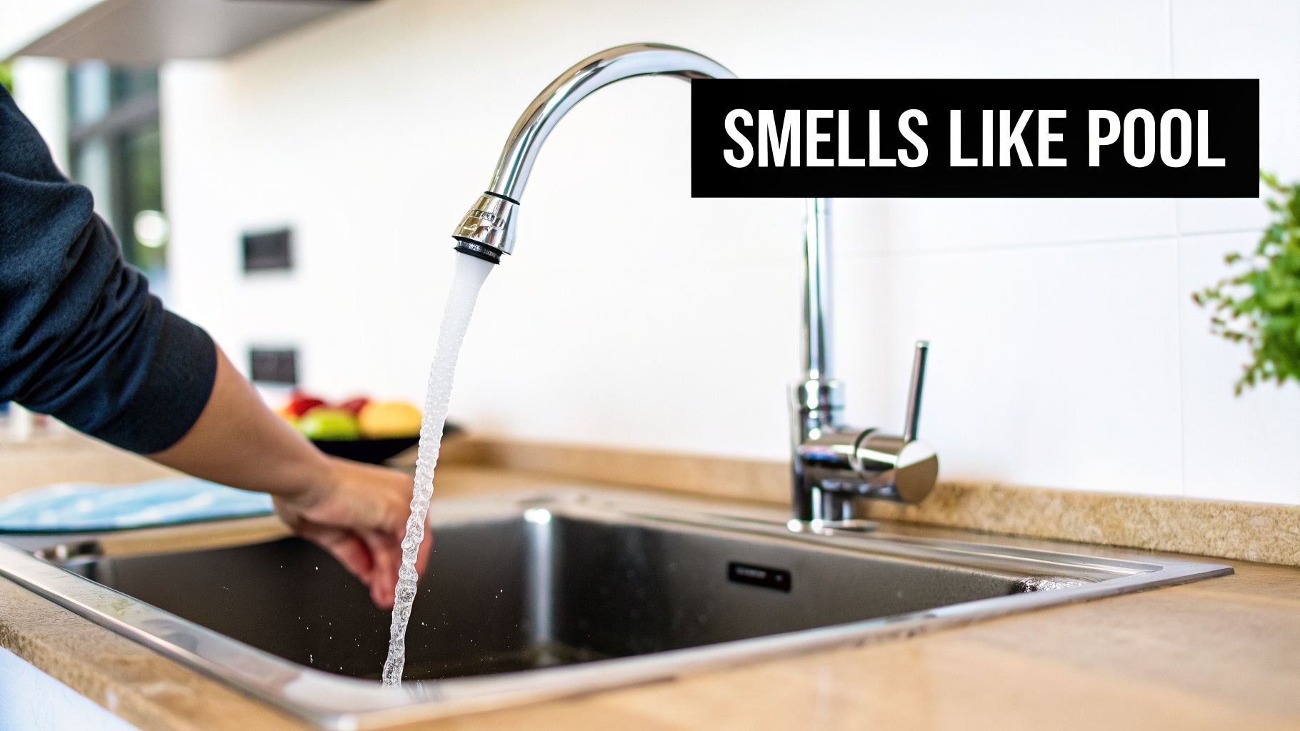 A hand under running tap water in a modern kitchen sink, with text "SMELLS LIKE POOL" overlaid.