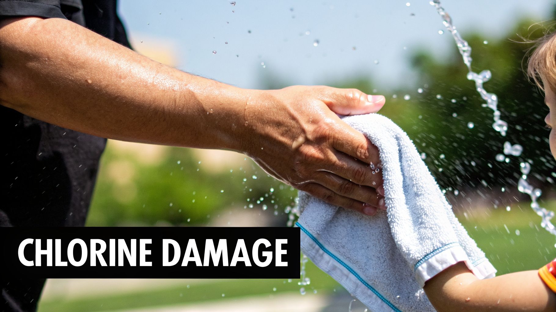An adult hand gently washes a child's arm with a white towel under splashing water outdoors.