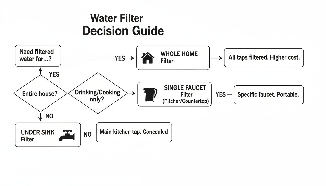 Flowchart guiding users through choosing a water filter: whole home, under sink, or single faucet options.