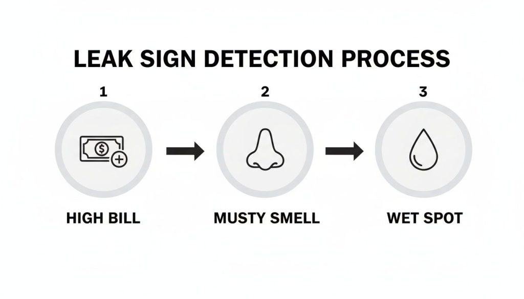 A three-step leak detection process illustrating signs: high bill, musty smell, and wet spot.