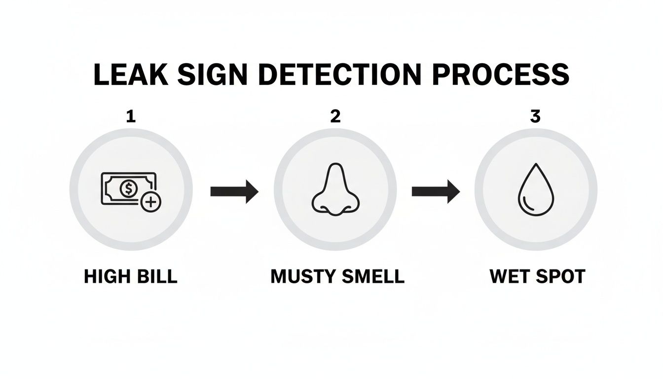A three-step leak detection process illustrating signs: high bill, musty smell, and wet spot.