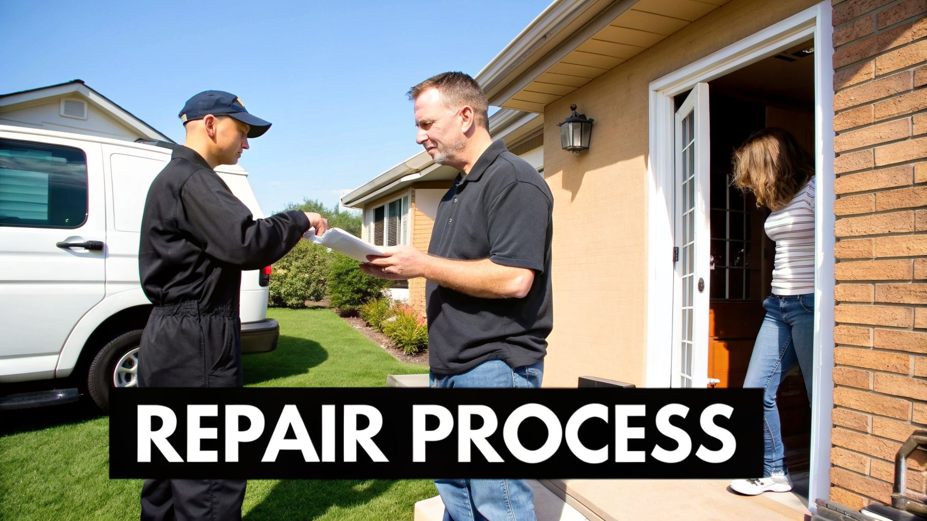 A service technician hands documents to a homeowner outside a house, with a woman in the doorway.