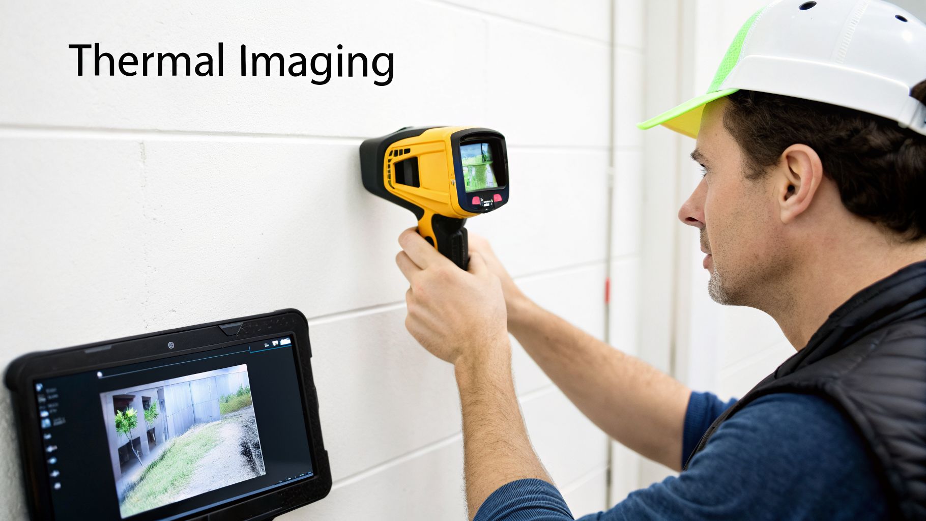 A man in a hard hat uses a yellow thermal imaging camera to inspect a white wall, with a tablet showing data.