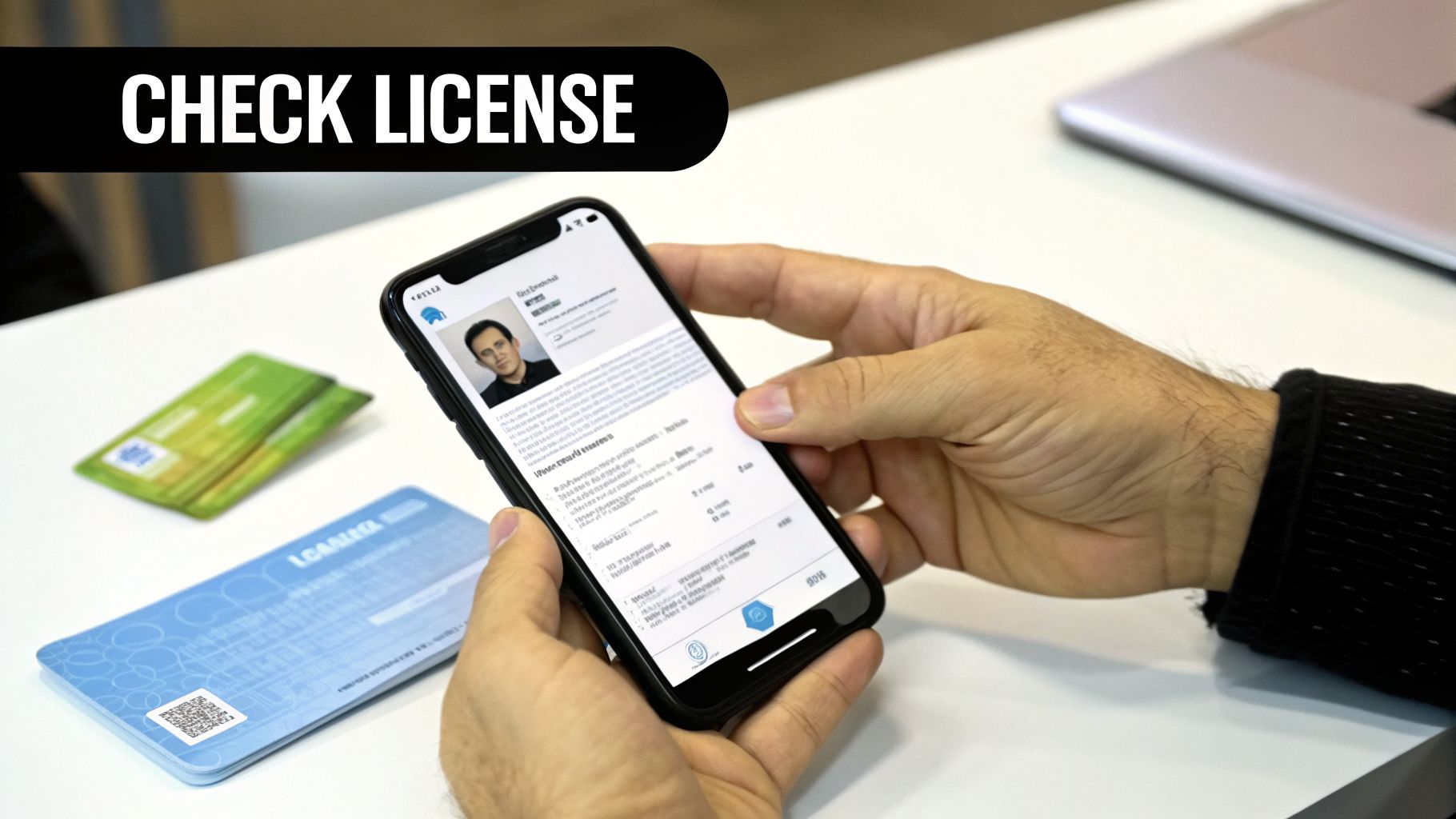 Hands hold a smartphone displaying a digital license, with physical cards on a white table.