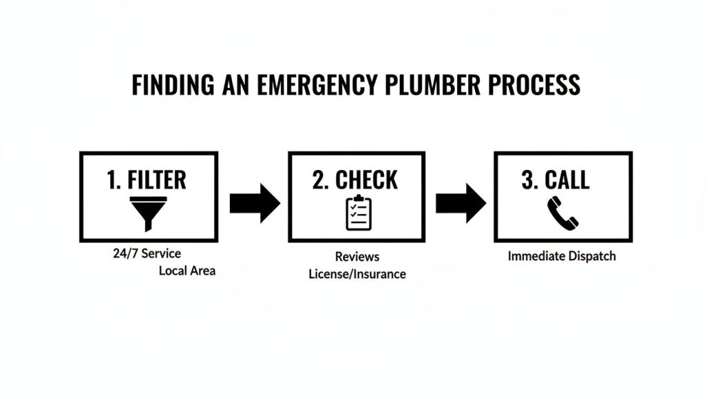 A three-step flowchart describing how to find an emergency plumber: filter, check, and call for service.