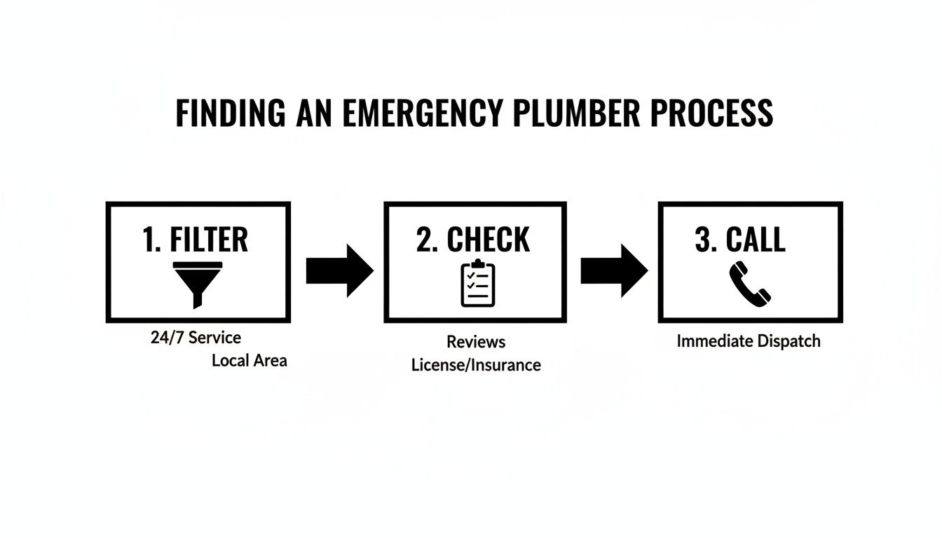 A three-step flowchart describing how to find an emergency plumber: filter, check, and call for service.