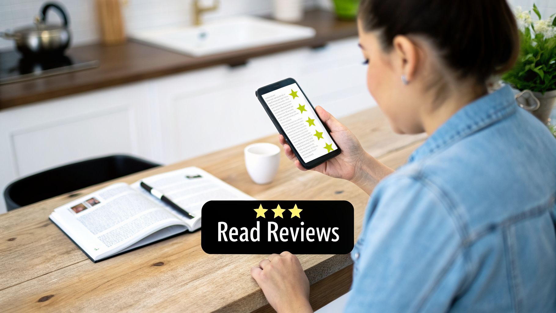 A woman in a blue denim shirt is reading reviews on her smartphone at a wooden kitchen table.