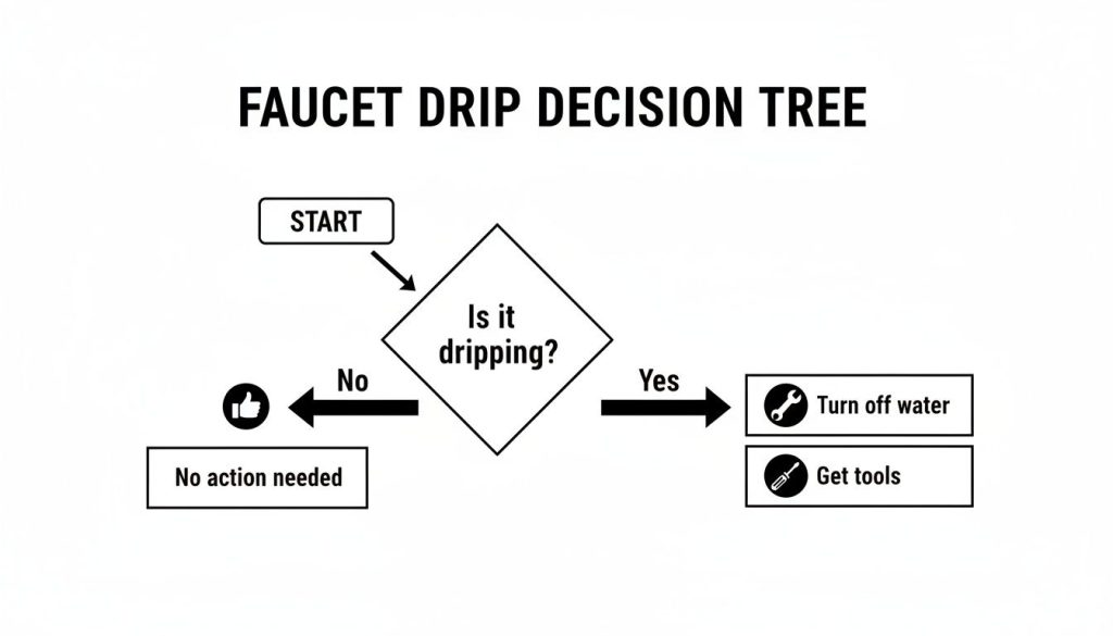 A flowchart titled 'FAUCET DRIP DECISION TREE' outlining steps for a dripping faucet: check if dripping, if yes, turn off water and get tools, if no, no action needed.