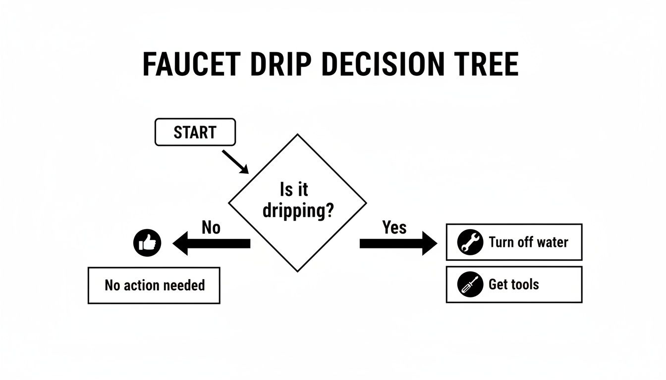 A flowchart titled 'FAUCET DRIP DECISION TREE' outlining steps for a dripping faucet: check if dripping, if yes, turn off water and get tools, if no, no action needed.