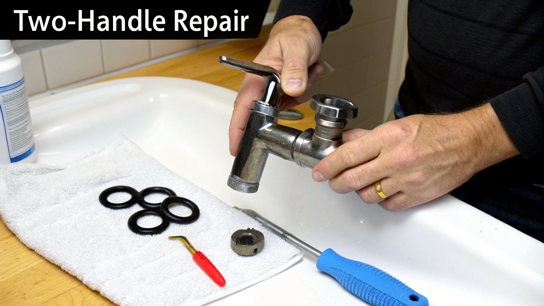 Hands disassembling a two-handle faucet for repair, with O-rings and tools laid out.