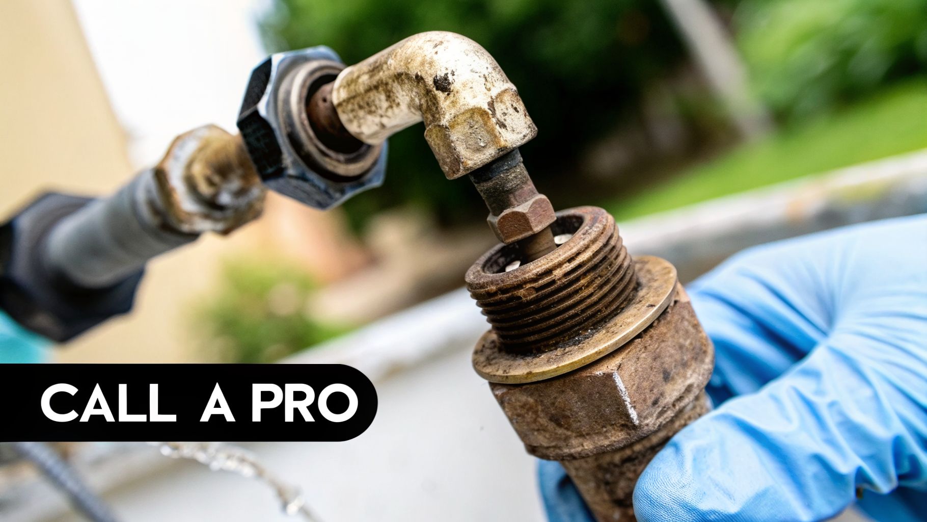 Close-up of severely corroded plumbing connections being handled by a person in blue gloves, indicating needed repair.