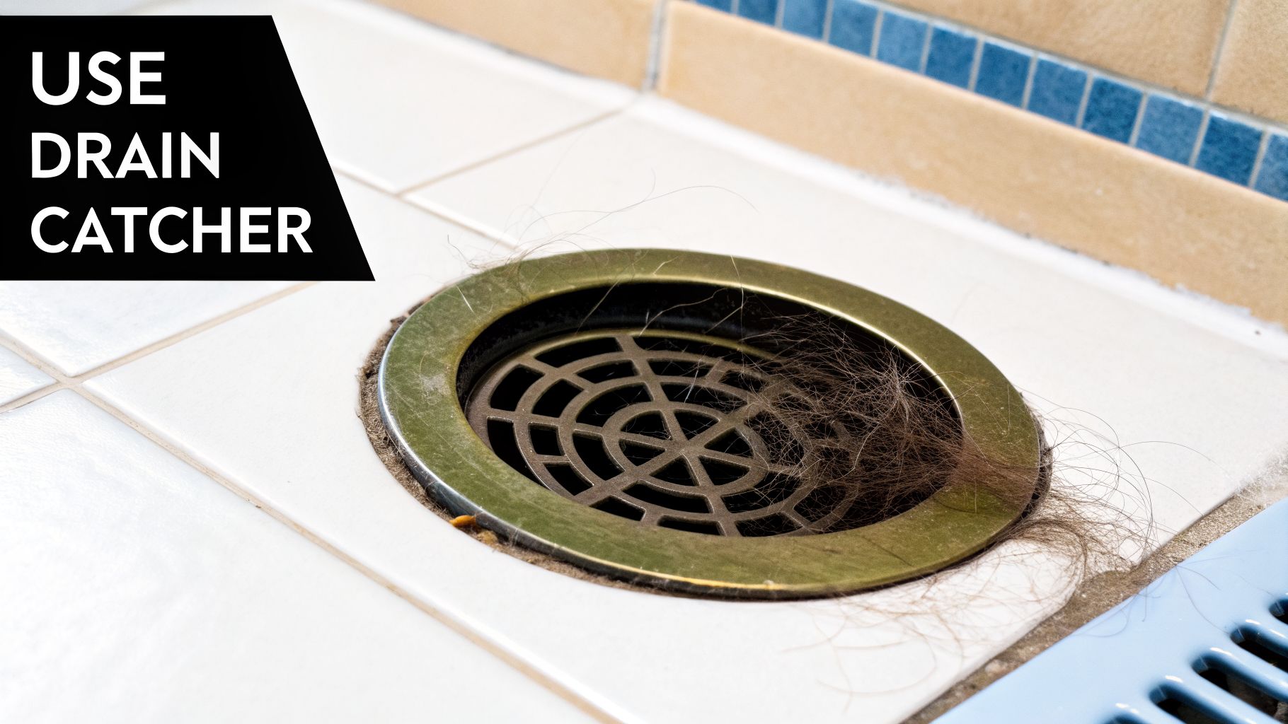 A close-up of a shower drain heavily clogged with tangled hair, suggesting a need for a drain catcher.
