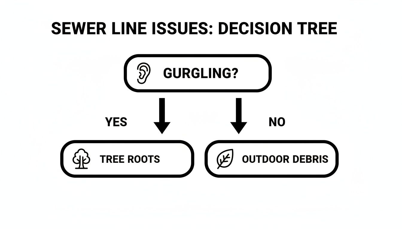 A decision tree flowchart for sewer line issues, asking about gurgling, leading to tree roots or outdoor debris.