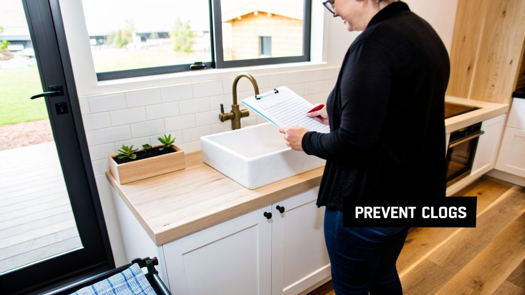 Woman in a modern kitchen reviews a checklist for preventing clogs, standing by a white sink.