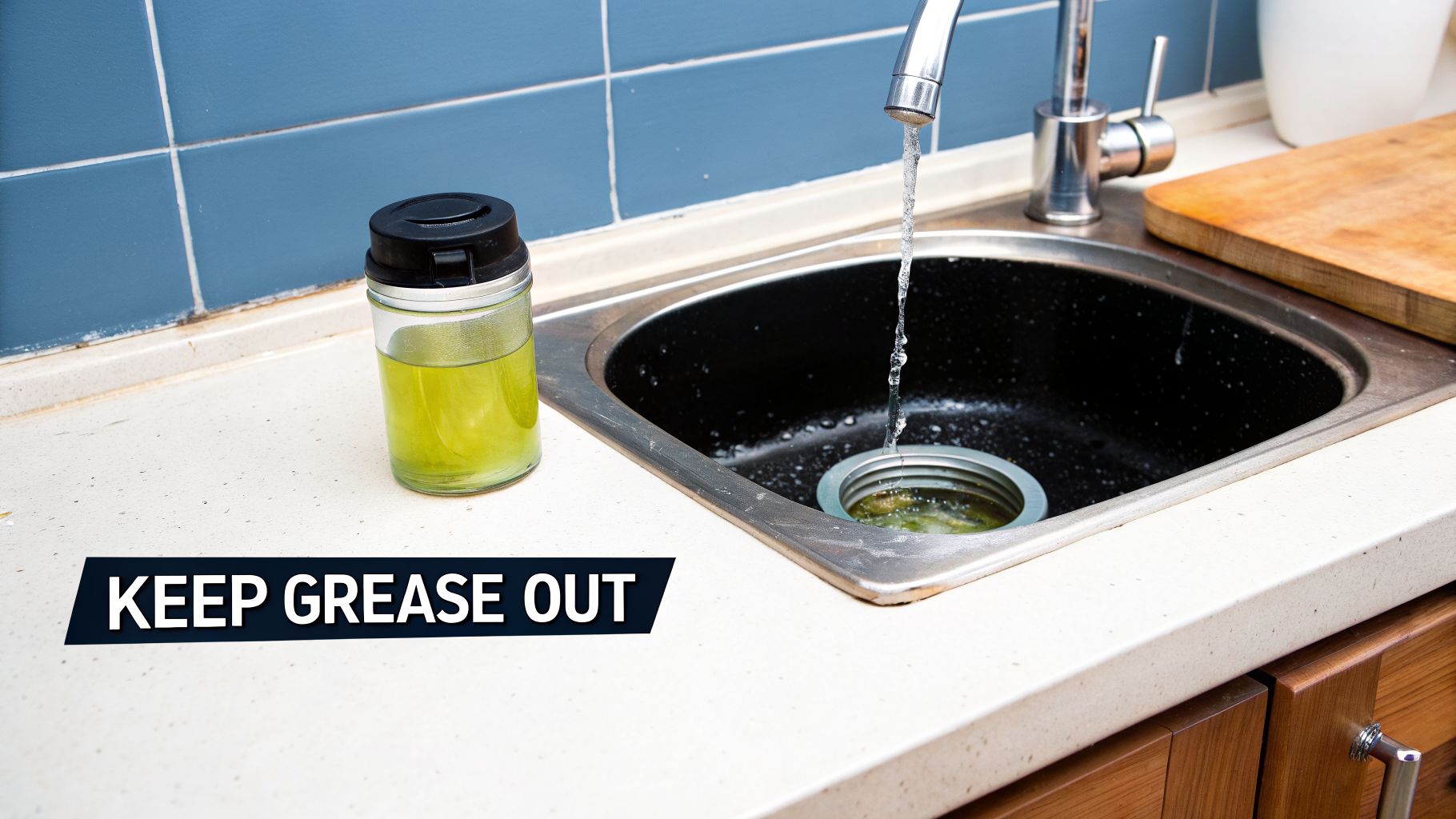 A jar of collected cooking grease next to a kitchen sink with water running, warning to keep grease out.