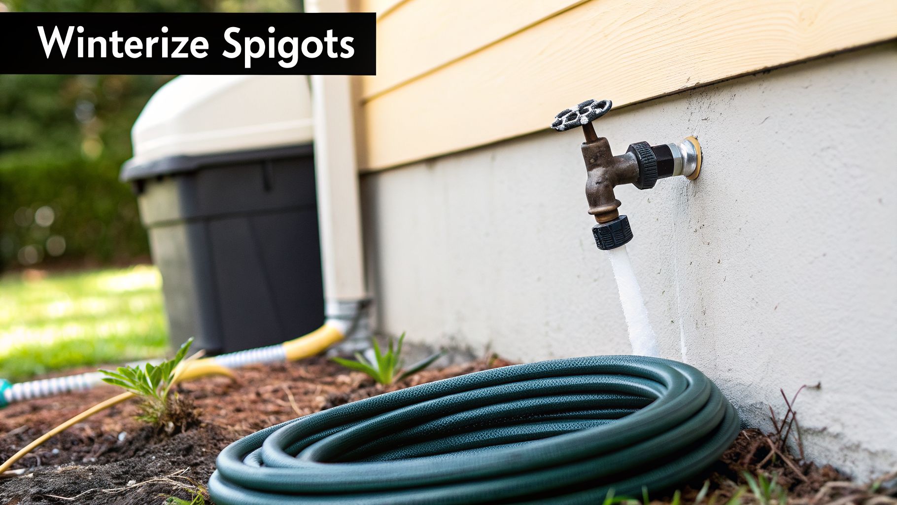 An outdoor water spigot is frozen, with ice visible, next to a coiled garden hose and house wall.