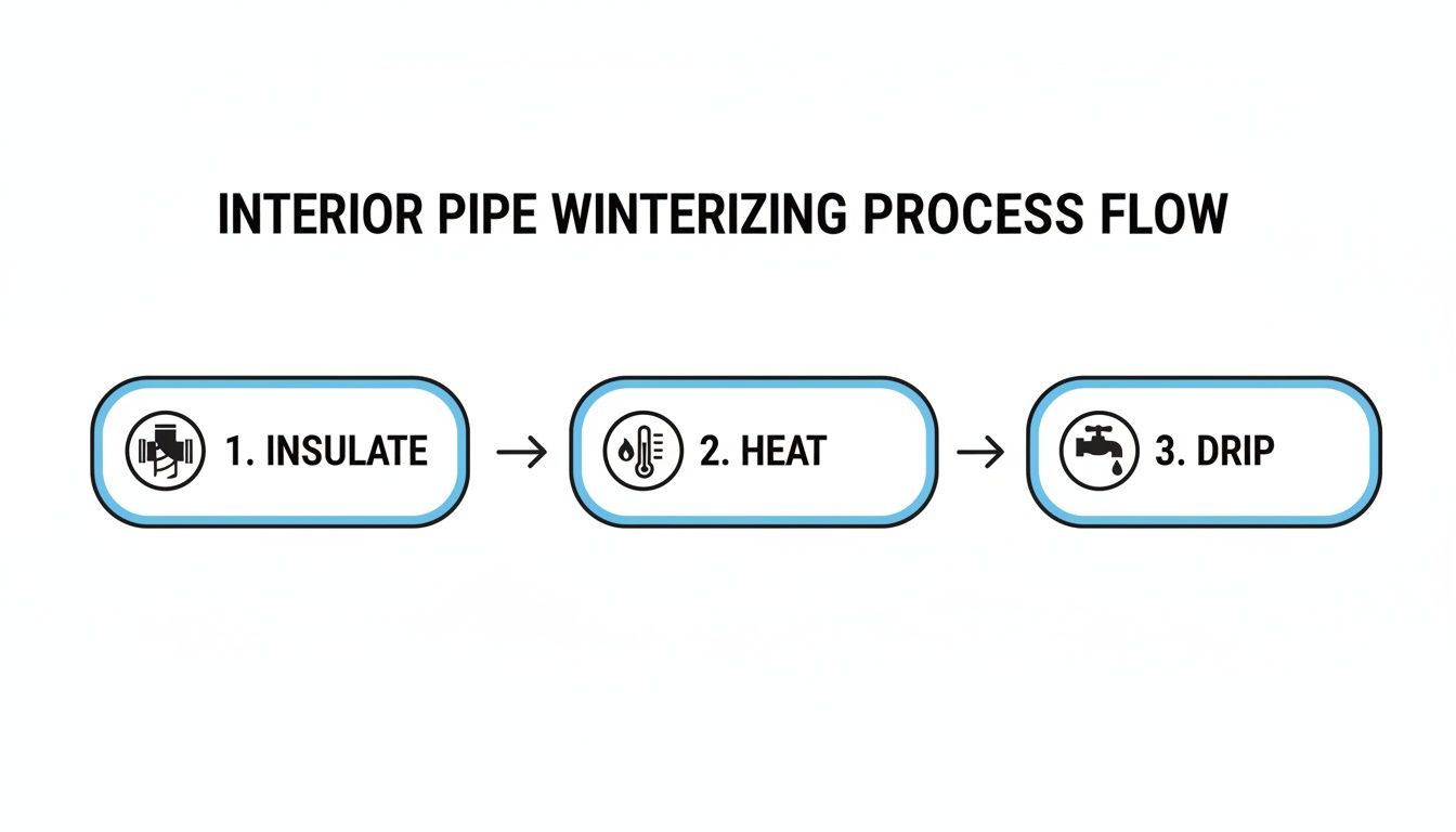 Process flow diagram showing three steps for interior pipe winterizing: insulate, heat, and drip.