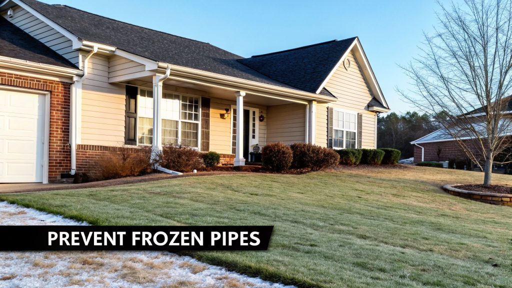 A modern beige house with a dark roof and frosty lawn, featuring text 'Prevent Frozen Pipes'.