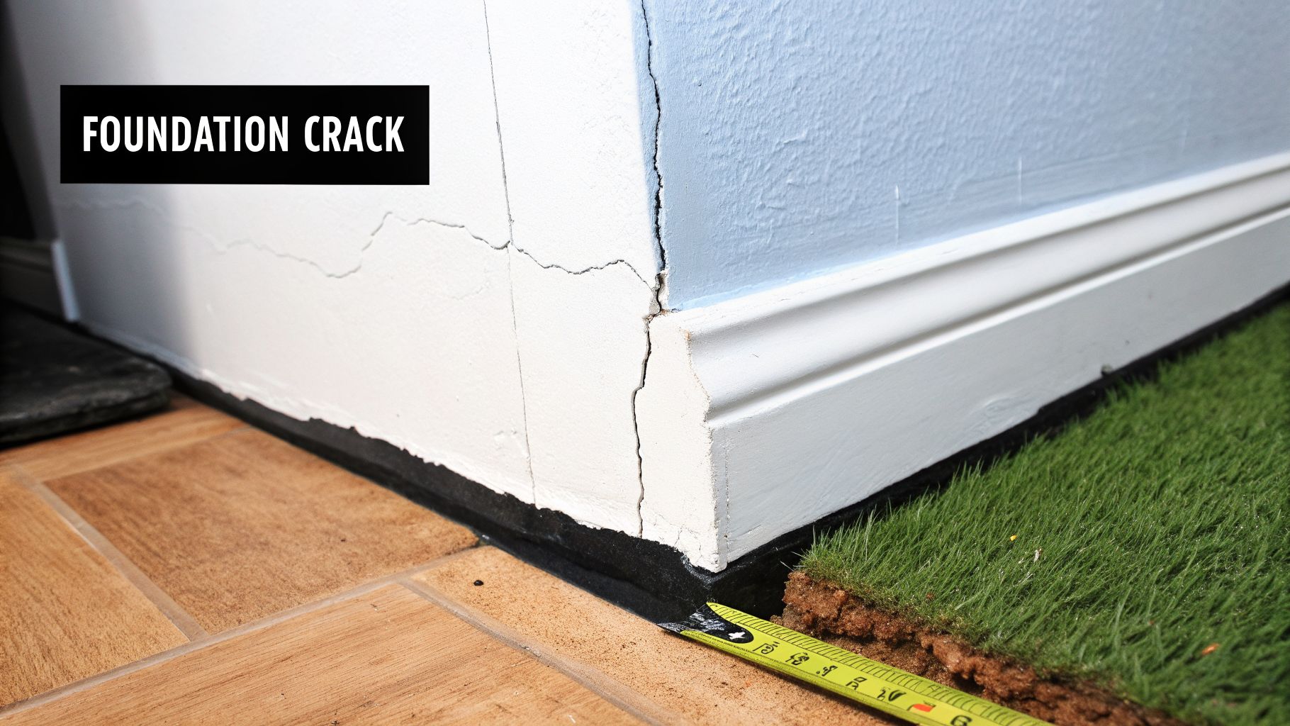 A severe foundation crack visible on a white and blue wall corner, next to a tiled floor.