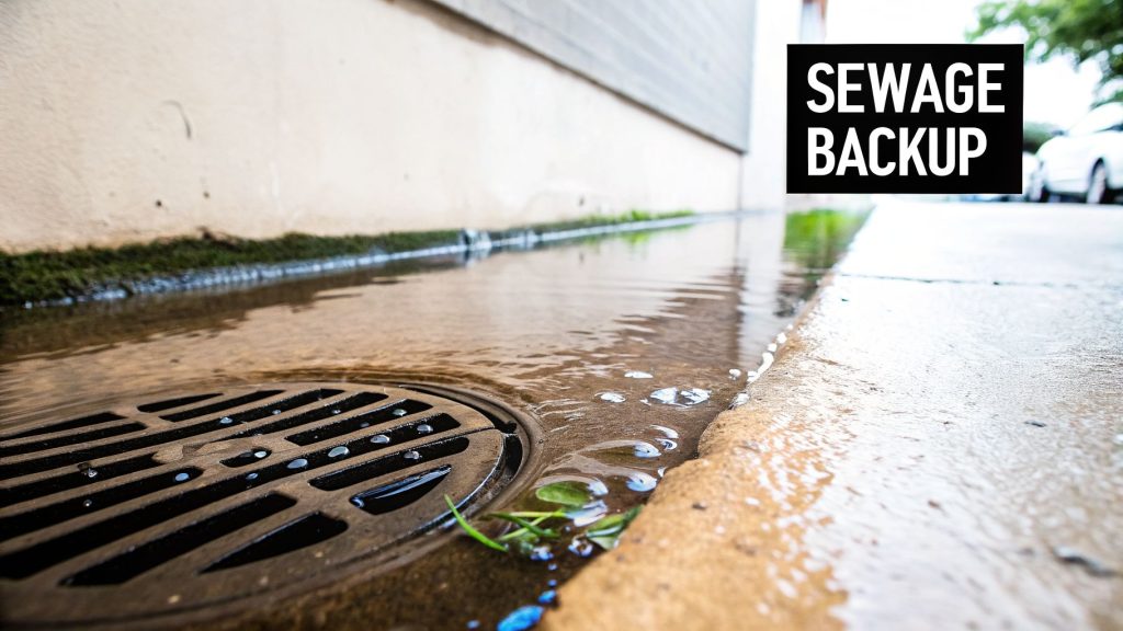 Overflowing street drain and pooled water along a building, highlighted as a sewage backup.