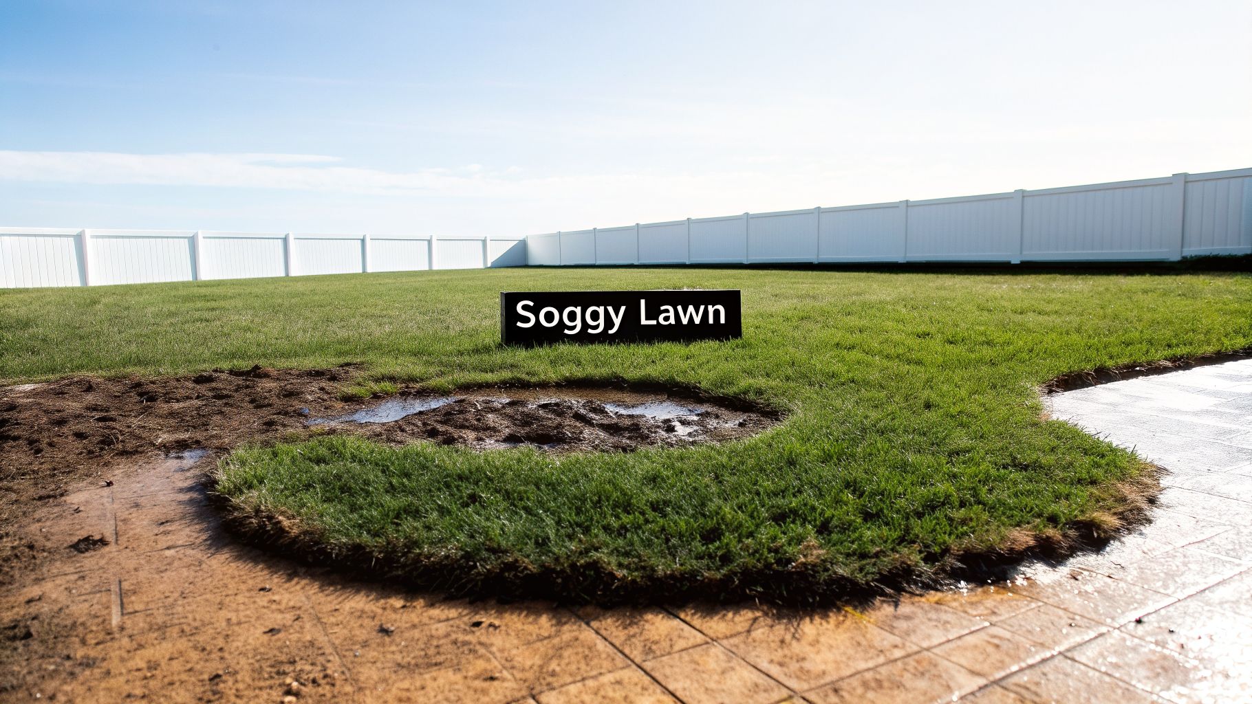 A backyard lawn with a significant muddy and wet area, featuring a "Soggy Lawn" sign.