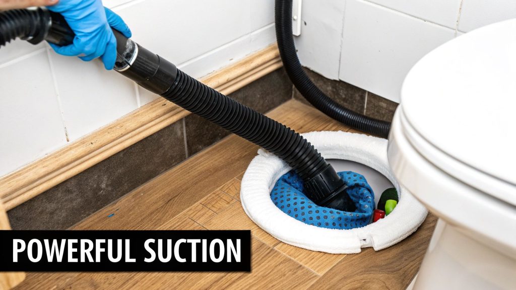 Person in blue glove using a powerful vacuum hose to clear a clogged toilet drain.