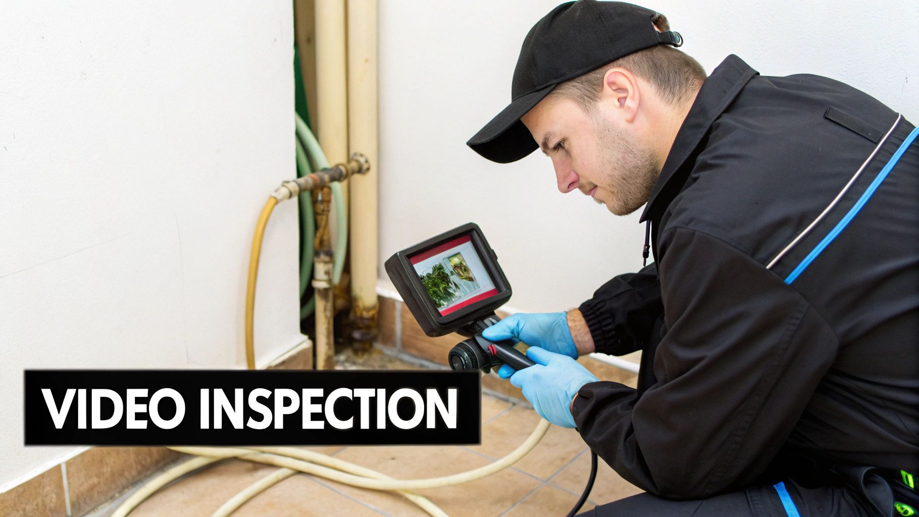 A technician performs a video inspection of pipes and plumbing with a camera, wearing gloves and a cap.