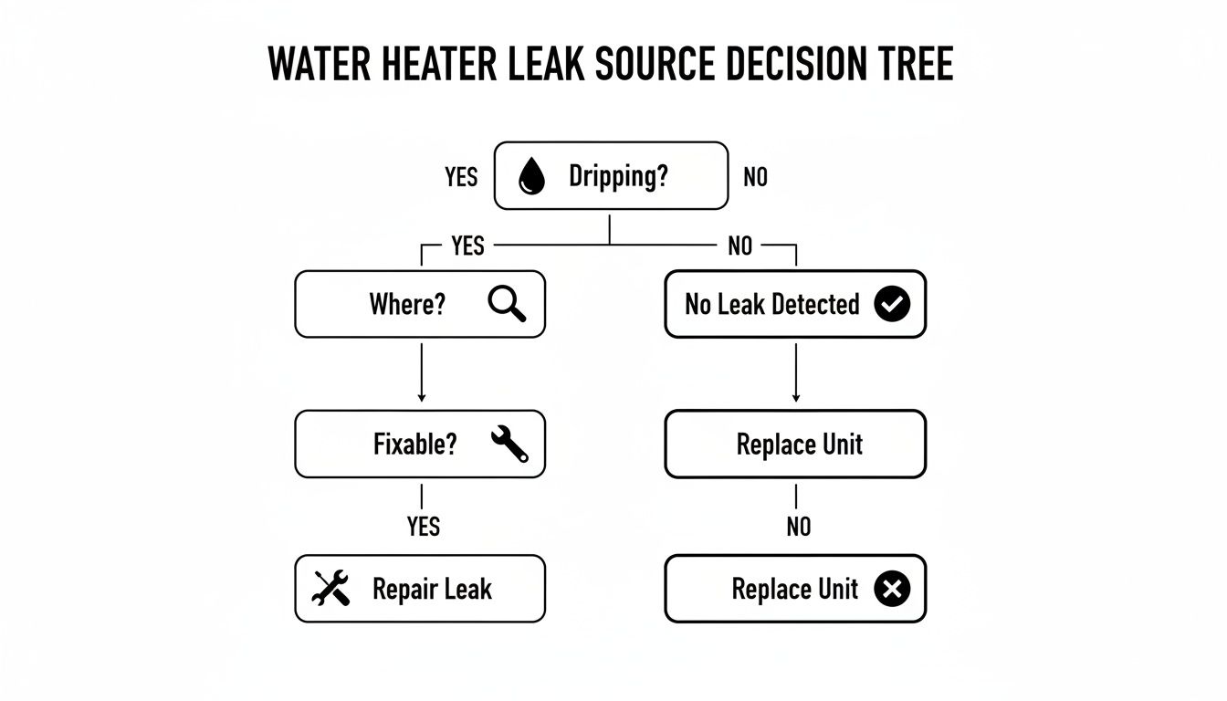 Decision tree diagram for troubleshooting water heater leaks, guiding users on whether to repair or replace the unit.