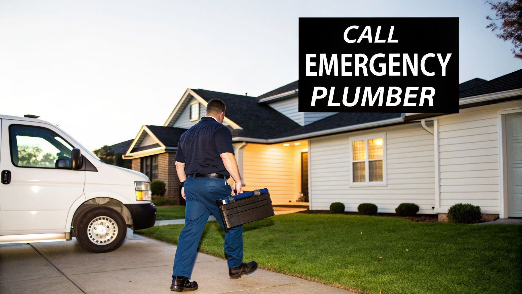 A plumber carrying a toolbox walks towards a house with a white van parked, ready for an emergency call.