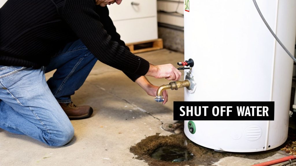 A person kneels, shutting off the water supply to a leaking water heater, as water pools on the floor.
