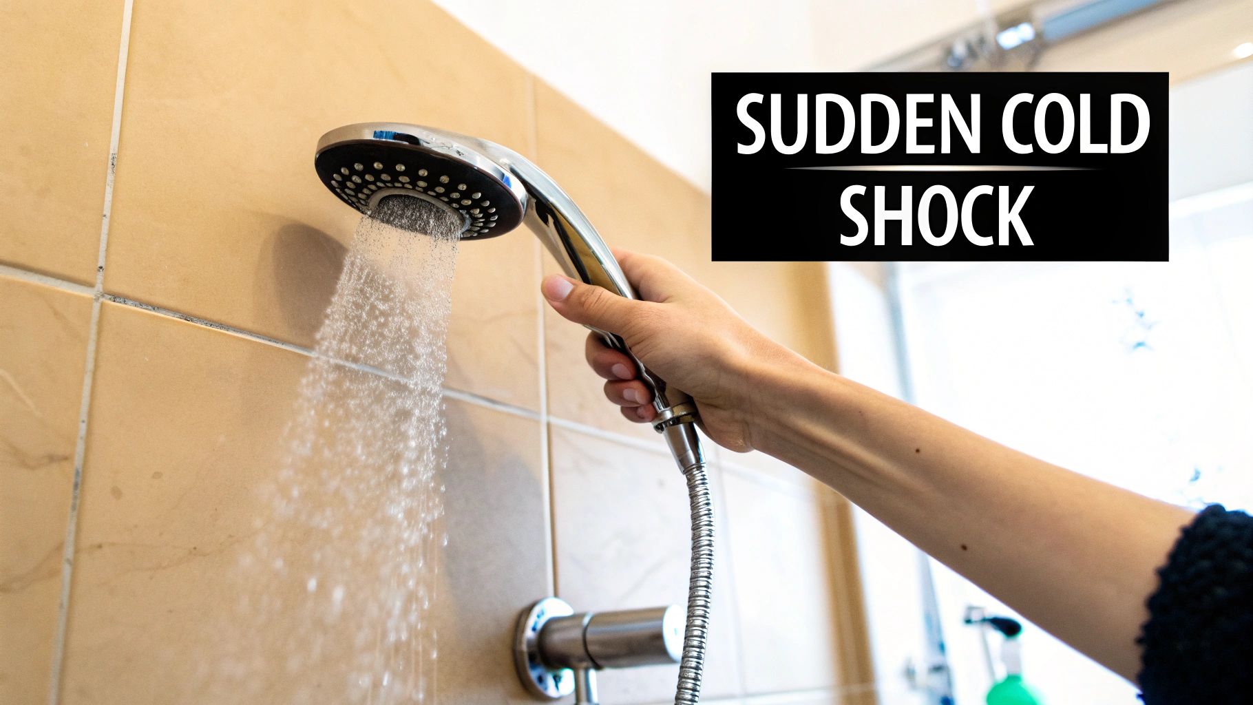 A hand holds a shower head spraying water against a tiled wall, with text "SUDDEN COLD SHOCK".