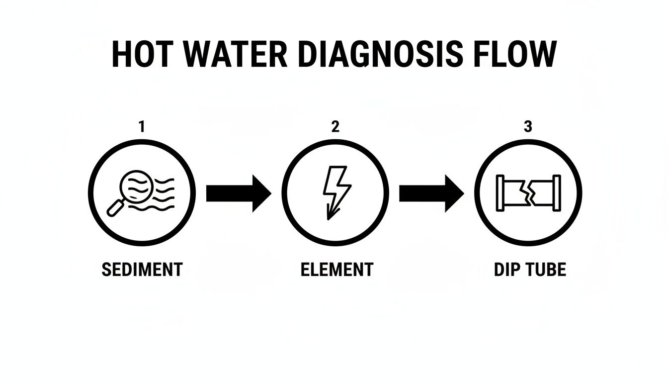 A flow chart illustrating hot water diagnosis steps: sediment, element, and dip tube issues.