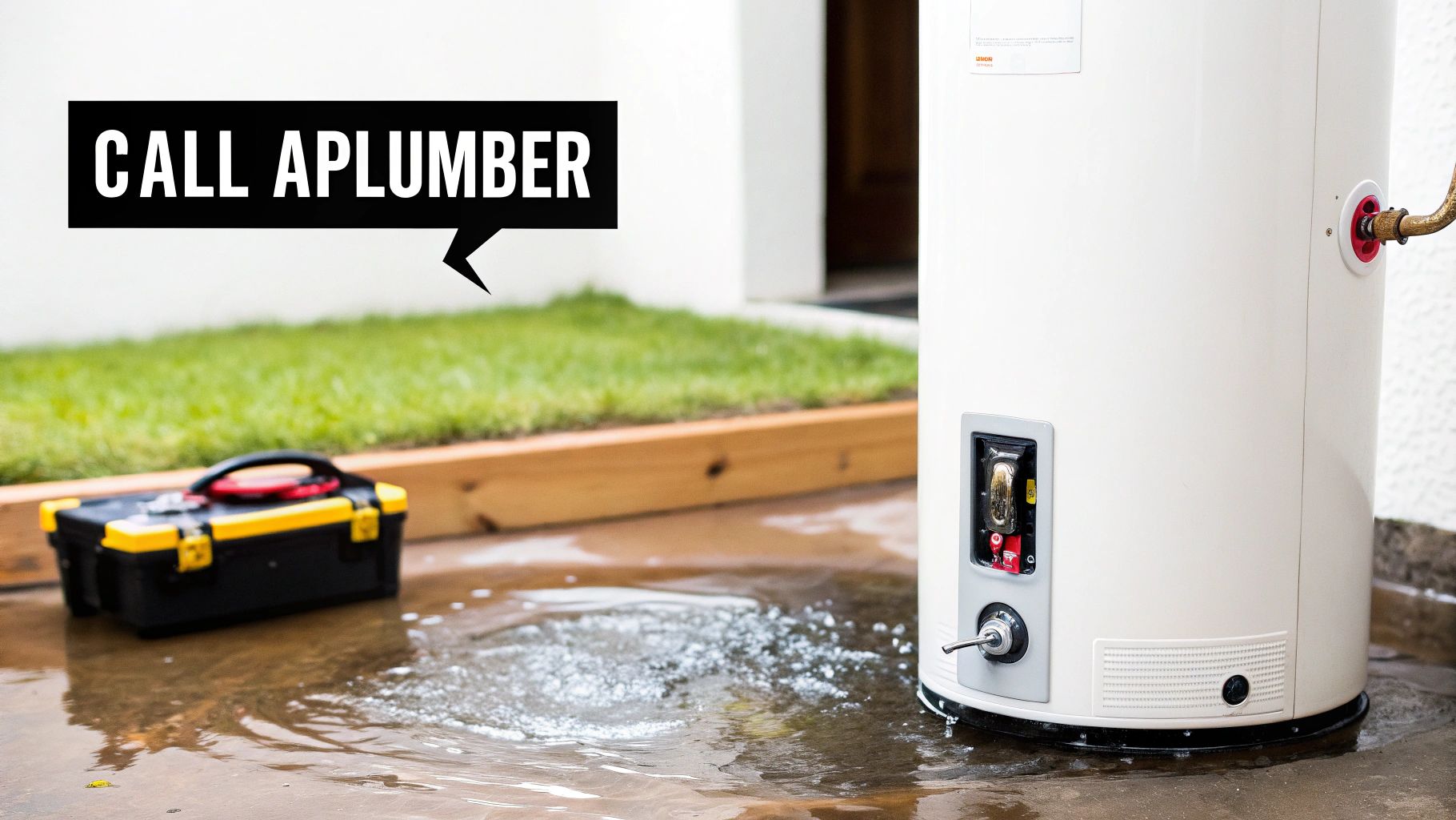 A leaking water heater on a patio with a puddle, a toolbox, and a 'CALL A PLUMBER' sign.