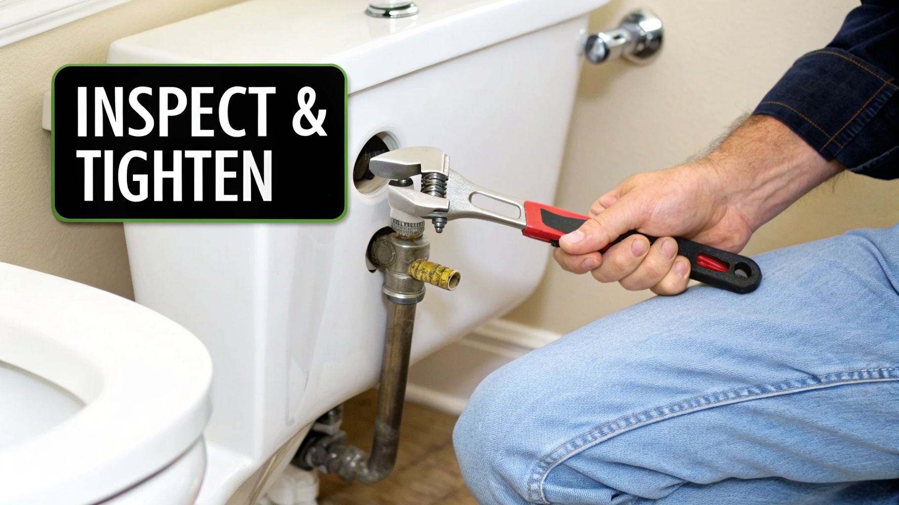 Hands using an adjustable wrench to tighten a water connection on a toilet tank, highlighted by an 'INSPECT & TIGHTEN' sign.
