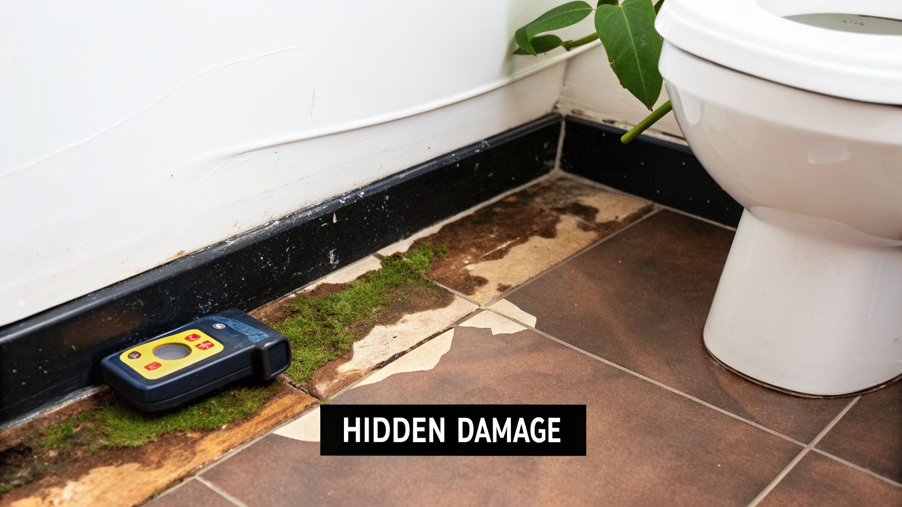 Close-up of a severe water leak under a toilet, showing extensive water damage, mold, and a moisture meter on the floor.