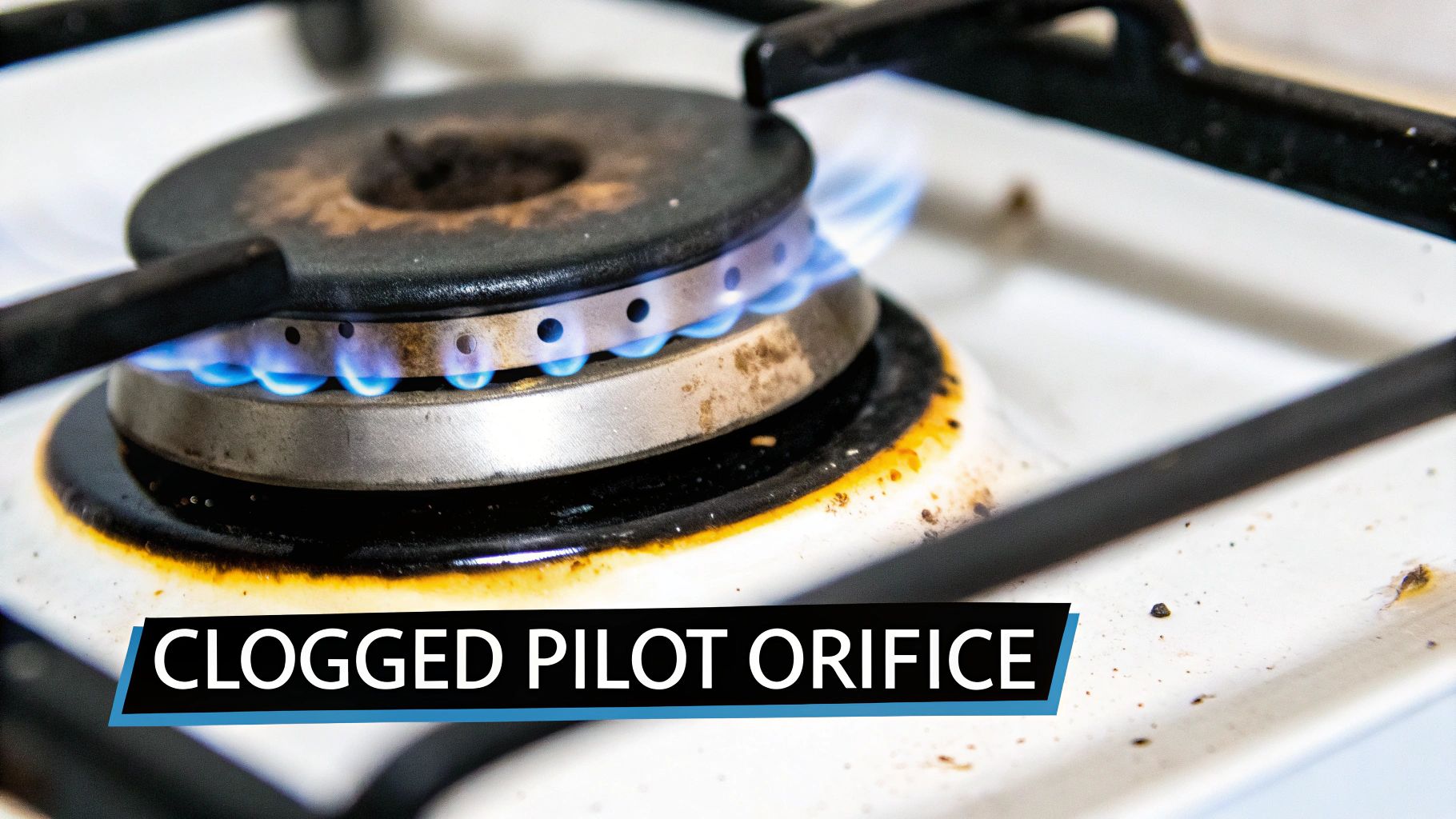 Close-up of a gas stove burner with blue flames, indicating a potentially clogged pilot orifice.
