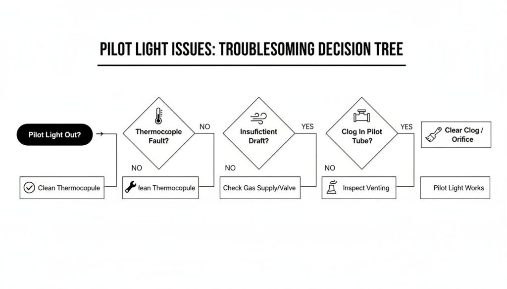 Flowchart for troubleshooting pilot light issues, guiding through steps like checking thermocouple, draft, and clogs.