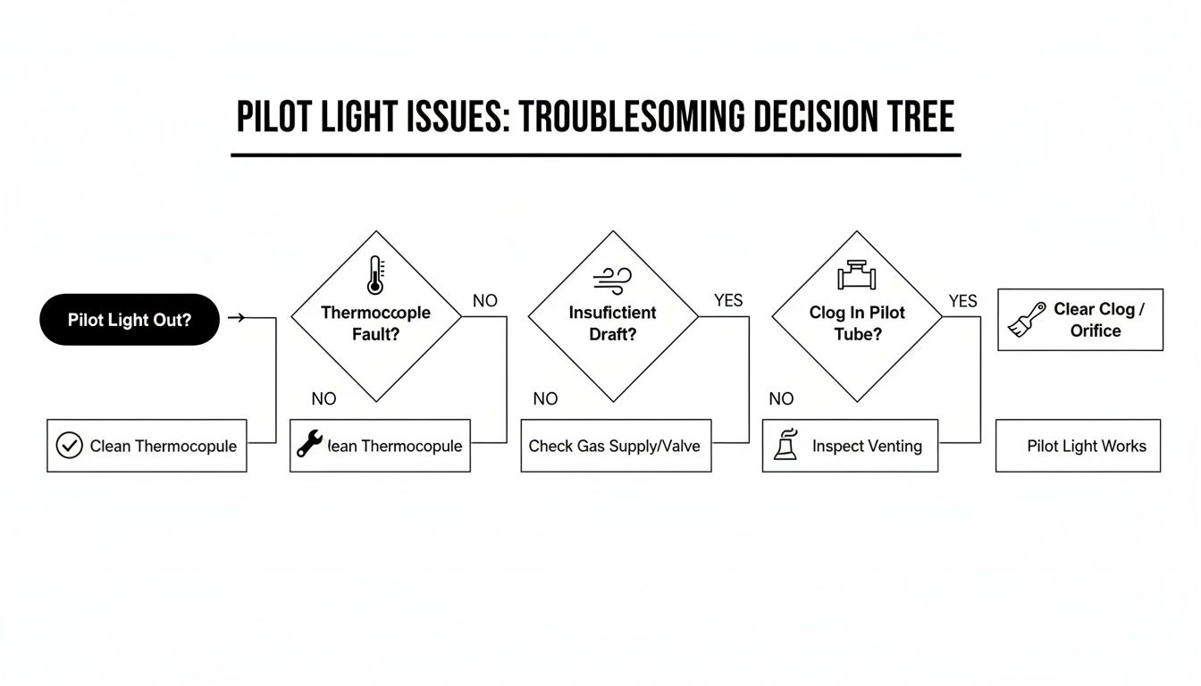 Flowchart for troubleshooting pilot light issues, guiding through steps like checking thermocouple, draft, and clogs.