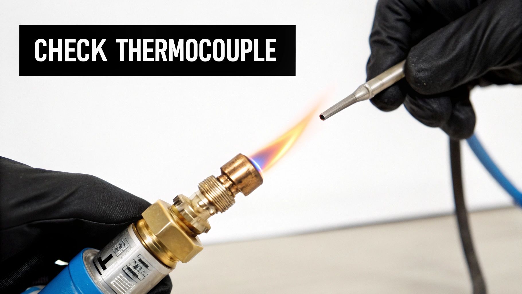 A close-up of a gloved hand checking a thermocouple with the flame of a gas torch.