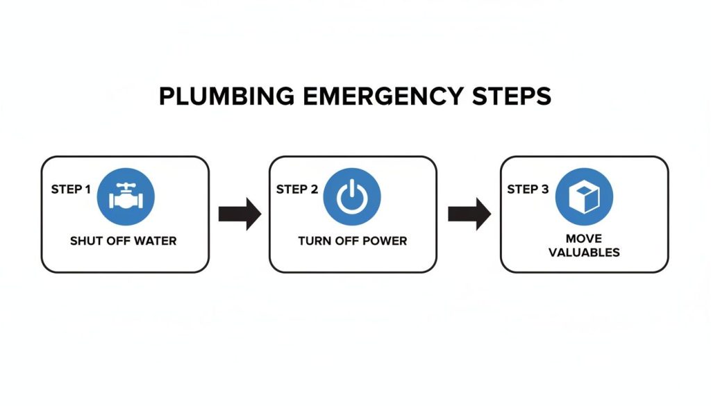 A three-step guide for plumbing emergencies: shut off water, turn off power, and move valuables.
