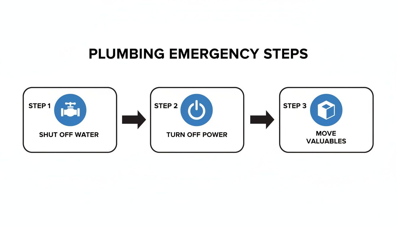A three-step guide for plumbing emergencies: shut off water, turn off power, and move valuables.