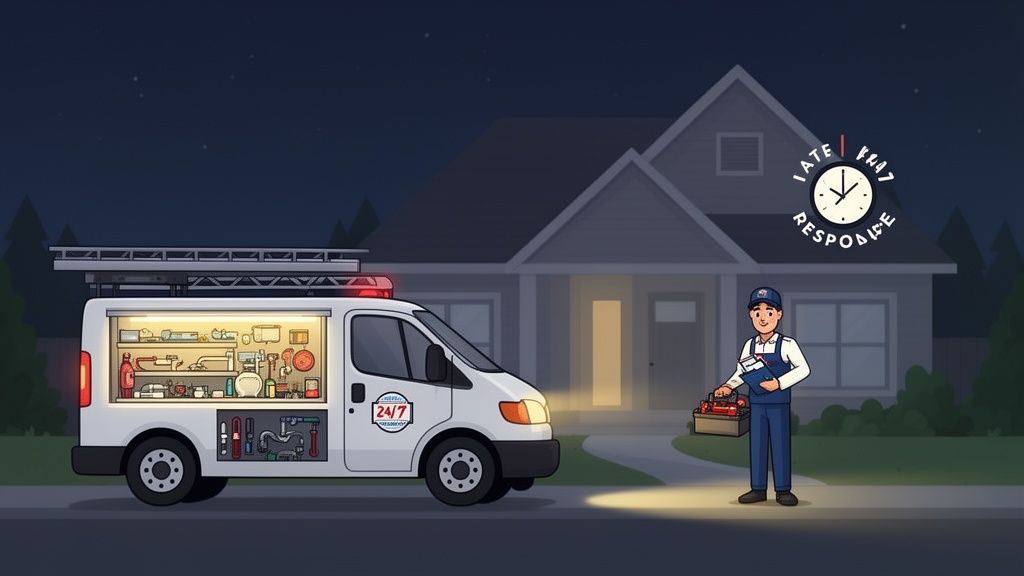 A plumber in uniform stands with a toolbox beside a service van at night, ready for an emergency call.