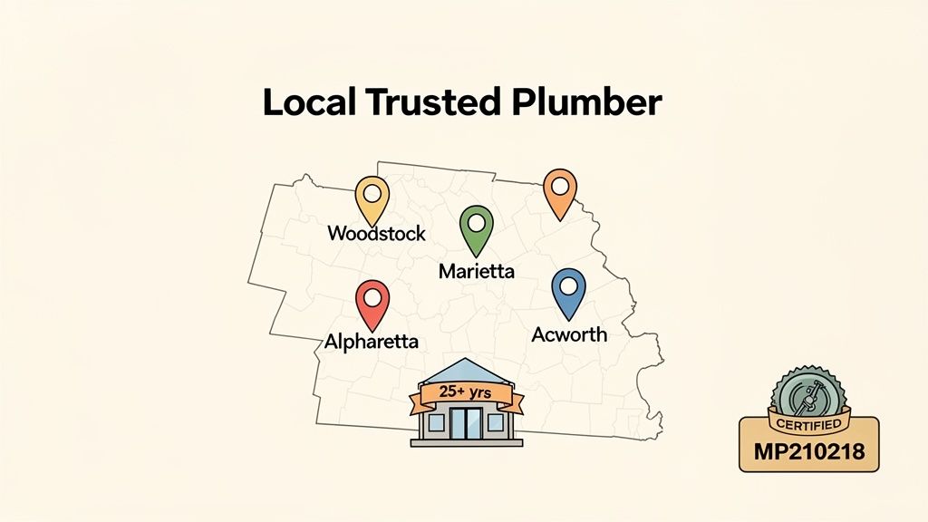Map of service areas for a certified local trusted plumber with 25+ years experience.