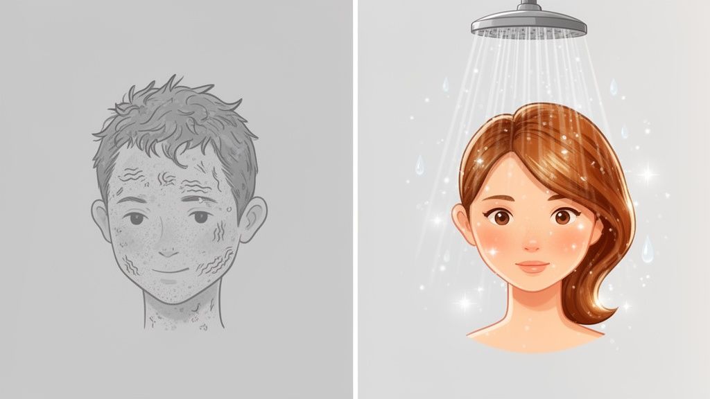 Before and after comparison of a dirty person and a clean person showering with sparkling water.