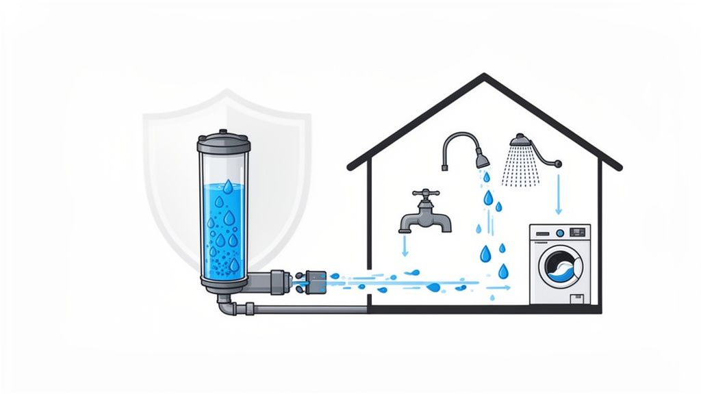 Diagram showing a whole-house water filter purifying water before it enters a house for use in faucets, showers, and washing machines.